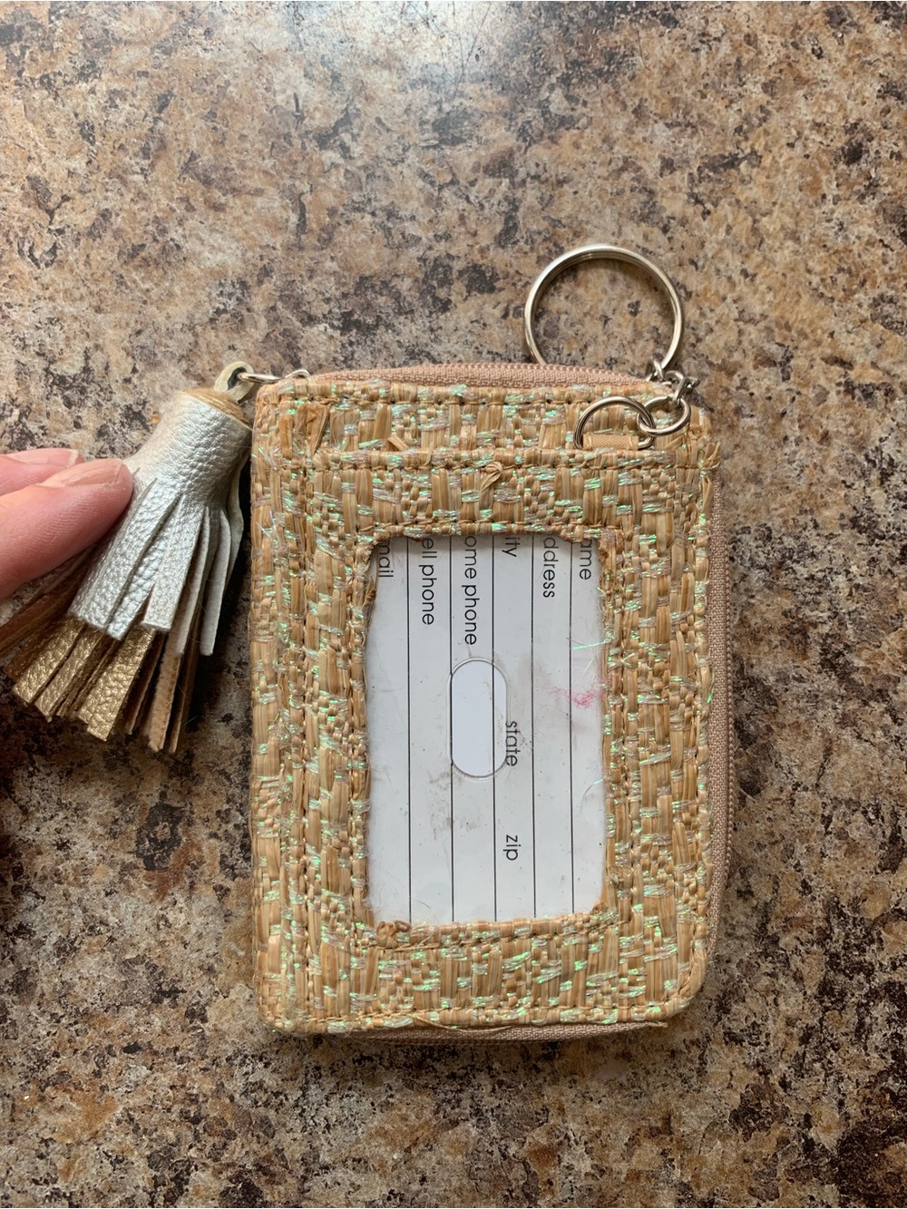 Woven Beige Card & Key Holder with Tassel Accent